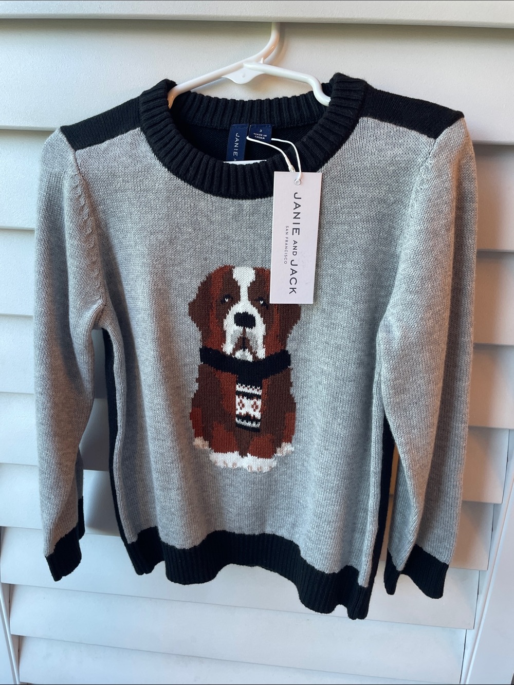 Janie and Jack Gray Sweater with Dog Intarsia and Navy Trim